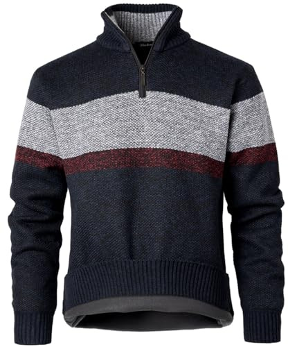 Harbrosrce Pull Homme en Tricoté 1/4 Zip Pullover Rayées Sweater Col Montant Doublé de Polaire Pull-Over Confortable Chemise Chandails