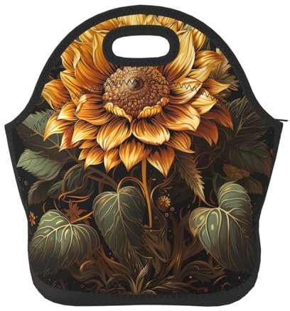 Bolsa de almuerzo de neopreno para mujeres y hombres, girasol sobre fondo negro, lonchera aislada, bolsa de almuerzo portátil, reutilizable, lavable, lonchera para viajes, picnic, camping, almuerzo