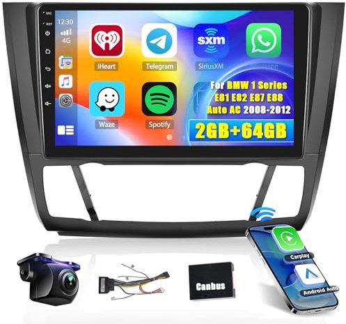 Hikity [2+64GB] Android Autoradio für BMW Serie 1 E81 E82 E87 E88 2008-2012 Radio, CarPlay Android Auto Wireless, 9 Bildschrim Auto Radio, Bluetooth, GPS Navi WiFi EQ FM RDS SWC USB, Rückfahrkamera