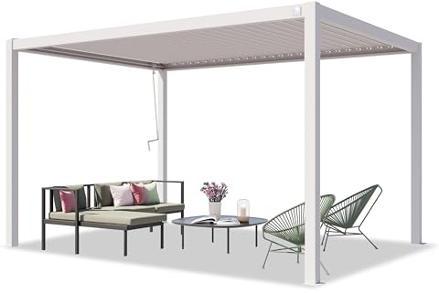 PRIMEYARD Pergola 3x4 m weiße Aluminium-Pfosten mit Lamellendach aus Stahl Terrassenüberdachung