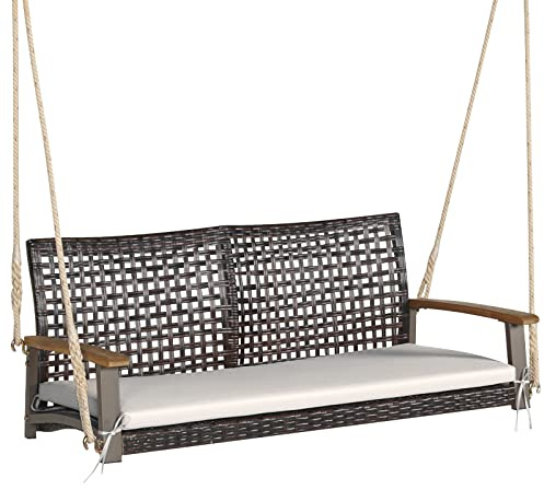 GYMAX Hängeschaukelbank 2-Sitzer, Schaukelbank mit Kissen & Armlehnen aus Akazienholz, Gartenschaukel bis 360 kg belastbar, Hollywoodschaukel für Garten & Veranda (Weiß)