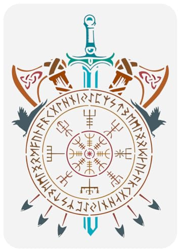 FINGERINSPIRE Große Schablone Zum Malen Mit Wikingerkompass 21x29.7 cm PET Wikinger Vegvisir Münze Sprühschablone Schablone Skandinavische Runen Zeichenvorlage Wikingerwaffen Pfeile Äxte Schwerter