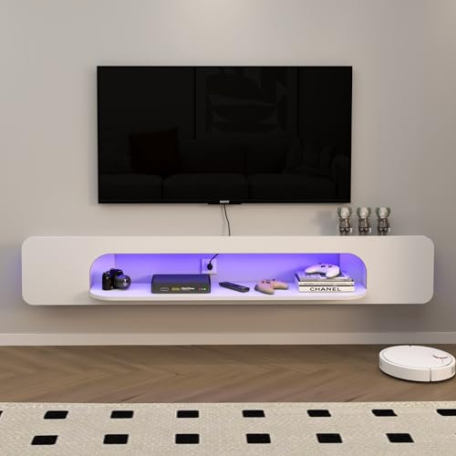 Pmnianhua Meuble TV Suspendu LED Avec Étagère Murale Flottante - Support TV en Bois Blanc (180cm)