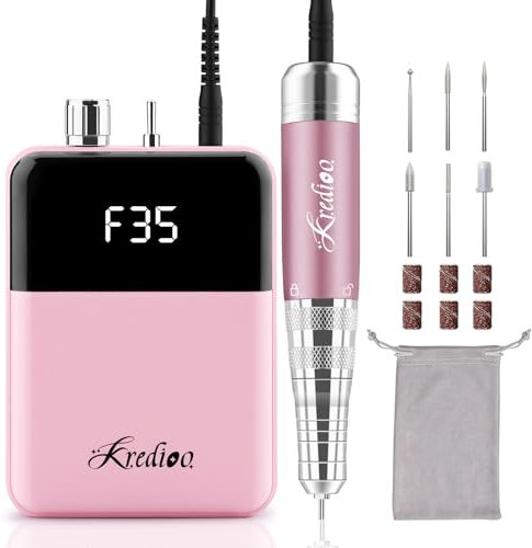 Kredioo Torno para Uñas Profesional 35000RPM, Pórtatil Ligero Y Recargable, 6 Brocas Lima Eléctrica de Manicura y Pedicura, Pulidor Set, Taladro Eléctrico, Limado Kit de Fresas con Batería, Rosa