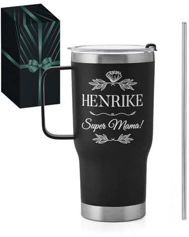 Maverton Personalisierter Thermobecher mit Griff 600 ml - schwarzer Trinkbecher mit Deckel und Strohhalm - Edelstahl Kaffeebecher to go 100% dicht - Mama Geschenk - Personalisierte Geschenke