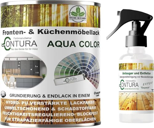Contura Küchenmöbellack GLÄNZEND nach RAL Möbellack SET mit Anlauger Möbelfarbe streichen ohne schleifen Holzlack Buntlack Küchenlack (Verkehrsweiß RAL 9016, 750ml. + 250ml. Anlauger)