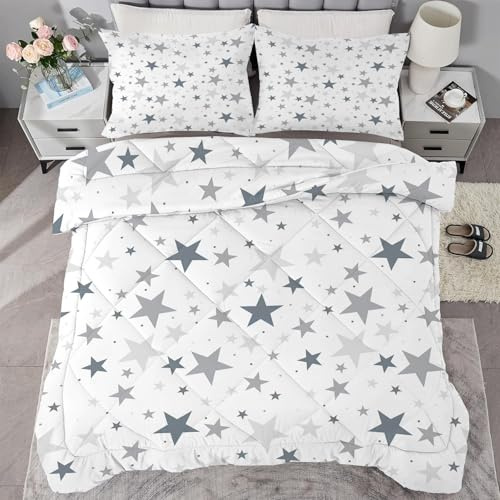 buyluhn Bettdecke 180x220 Stern, 4 Jahreszeiten Bettdecken Grau Ohne Bezug Nutzbar, Kinder Steppdecke Microfaser Ganzjahresdecke，Waschbar Bettzeug mit 2 Kissenbezug für Sommer Winter