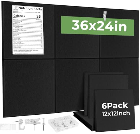 6-pack korkbräda för vägg, fyrkantig 30 x 30 cm svart anslagstavla 9 mm tjocka filtplattor med 60 stift liten anslagstavla för hemmakontor, väggplattor för foton memos