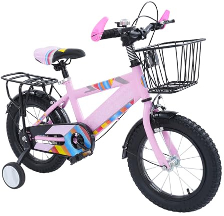 Vélo pour enfants de 14 pouces, pour enfants de 3 à 6 ans, avec roues de support et protège-chaîne et panier/sonnette pour enfants réglable en hauteur (rose)