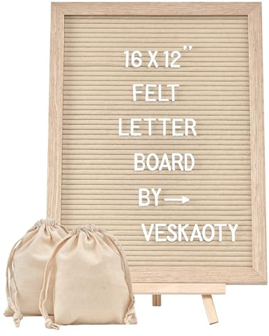 Felt Letter Board with 402 Letters, Numbers & Symbols - 12 x 16 inch Large Changeable Message Board with Wooden Frame Wall Mount Hook, 2 Canvas Bags, Wood Stand (Beige)