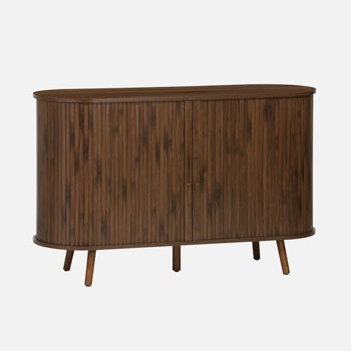 Alice's Garden sweeek - Buffet scandinave 2 Portes coulissantes. 4 Compartiments. décor Bois rainuré. Couleur Noyer. Buffet Bas. L 120 x P 40 x H 75cm