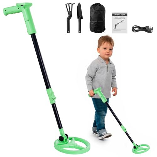 papasbox Metal Detector Kids, Rechargeable Kids Metal Detector with LED Display & Buzzer, 24''-34'' Adjustable, Lightweight Gold Digger with Shovel and Rake, Gold Detector for Kids or Beginners
