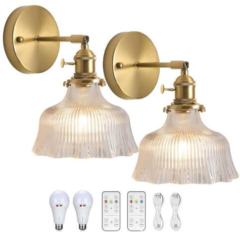 LOGT 2 Stück Akku Wandlampe Vintage mit Fernbedienung Dimmbar Wandleuchte Drehbar Schwenkarm Wandleuchten Messing Kristall Glas Lampenschirm Nachttischlampe USB Aufladbar Kabellos Lampe,Clear