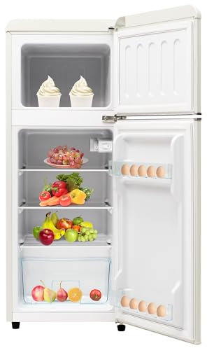 WEALTHKING Réfrigérateur combiné rétro 2 portes avec compartiment congélateur indépendant, température réglable 7 niveaux, étagères intérieures ajustables, éclairage LED, pieds stabilisateurs (Blanc)
