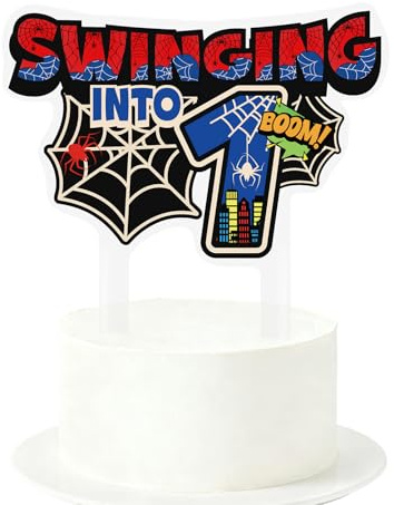 Spider 1. Geburtstag Cake-Topper, Spinnennetz-Motiv Kuchen-Dekoration Swinging into Design Geburtstagsfeier-Dekoration für Kinder Jungen Mädchen BabyShower-Zubehör