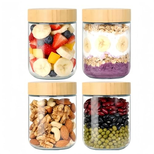 Witeygai 16oz Overnight Oats Jar, 4 Pack Glass Jars with Wooden Lids | Leak-resistant airtight seal, Wet meals and dry food storage, Travel & daily breakfast prep, Stackable space-saving, Reusable