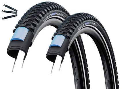 Schwalbe Fahrradreifen 2 x Marathon Plus MTB SmartGuard E-50 ADDIX Schwarz-Reflex 57-559 (26 x 2.10) inkl. maxxi4you Reifenheber