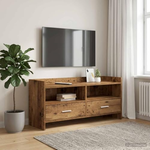 Boltkex TV-skåp 100 x 33 x 47 cm av trämaterial, gammalt trä, lowboard för vardagsrum, förvaringsutrymme med 2 lådor, 2 fack och metallhandtag, hemmabio
