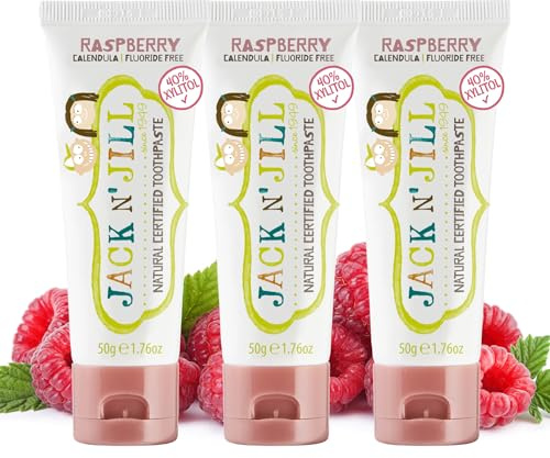 Jack N’ Jill Natural Certified Kids Toothpaste – Fluoride-Free Toddler & Baby Toothpaste with 40% Xylitol, No Sugar, Suitable from 6 Months+, Organic Raspberry Flavour, Pack of 3 (50g Each)