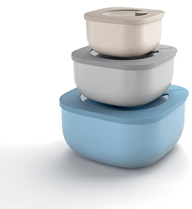 Guzzini Store&More Kitchen Active Design Set 3 Contenitori Ermetici Bassi per Frigo/Freezer/Forno A Microonde, 19.5 x 19.5 x 9.3 cm, Multicolore (Assorted)