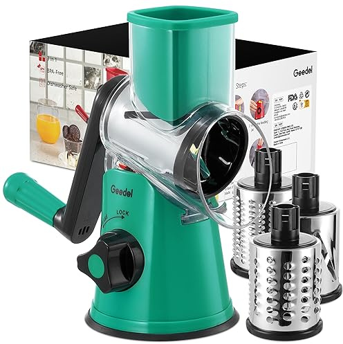 Geedel Rotary Cheese Grater with 3 Interchangeable Blades, Kitchen Mandoline Vegetable Slicer for Fruit, Nuts , Easy to Clean