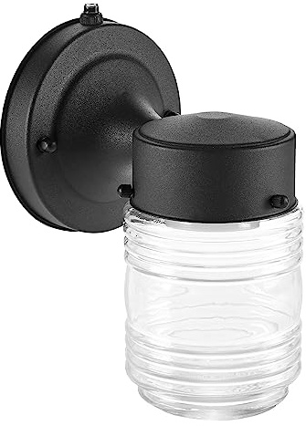 Maxxima Outdoor Wall Lantern Light Fixture, Enclosed Clear Ribbed Glass Jelly Jar Exterior Light, Black Finish, Dusk to Dawn Sensor, 800 Lumens, Photocell Sensor, 3000K Warm White