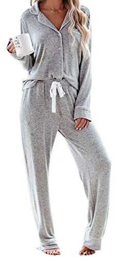 Aamikast Women's Two-piece Classic knit Pajama Sets Long Sleeve Button Down Sleepwear (L, Light Gray)