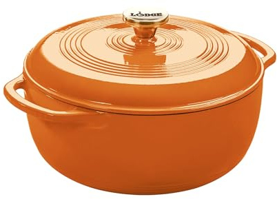 Lodge 6 Quart Enameled Cast Iron Dutch Oven with Lid – Dual Handles – Oven Safe up to 500° F or on Stovetop - Use to Marinate, Cook, Bake, Refrigerate and Serve – Apricot