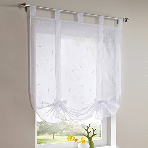Raffrollo Stickerei Gardinen Kurze Fenstervorhänge Küche Bindegardine Transparent Schlaufenrollo Vorhänge für Küche Wohnzimmer Schlafzimmer (Weiß, BxH 140x140cm)
