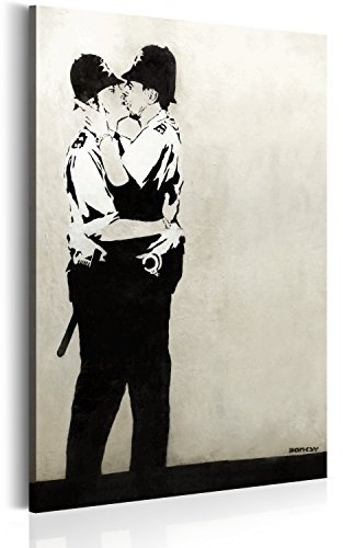 B&D XXL - Akustikbild Banksy Kissing coppers Bilder Akustikschaum Hochleistungsschallabsorber Schallschutz Leinwand 1 tlg Wandbild Raumakustik Schalldämmung Graffiti Street Art