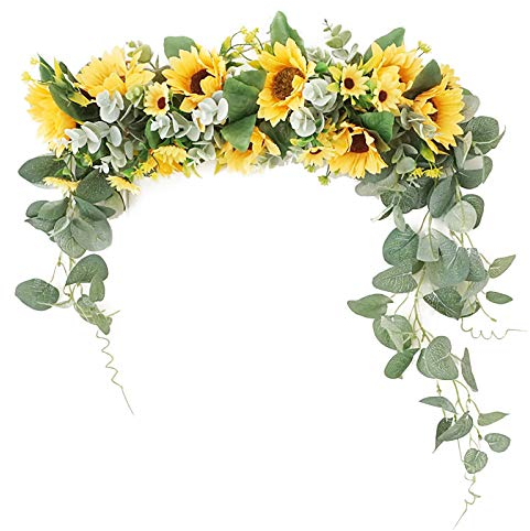 HYLYING Künstliche Sonnenblumen-Girlande mit Eukalyptus, 45 cm, Frühlingsblumen-Girlande mit Sonnenblume, dekorative Blumengirlande für Haustüre, Hochzeitsdekoration