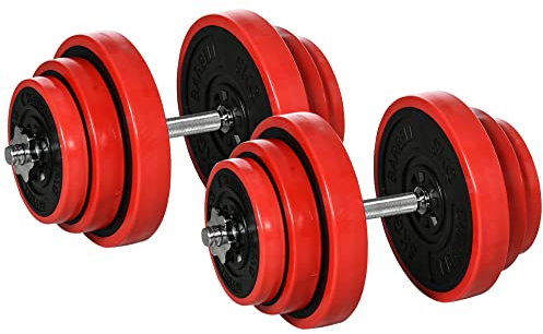 HOMCOM Set Manubri Palestra Regolabili con Pesi da 40kg Rivestiti in Gomma, in Metallo e Sabbia di Ferro, 45x26x26 cm, Rossa