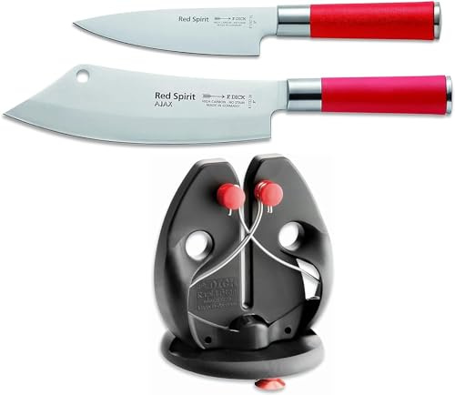 F. Dick Kochmesser-Set „Ajax“, Red Spirit (Messer 15 cm, Küchenmesser 20 cm, Messerschärfer Rapid Steel, X55CrMo14 Stahl, nichtrostend, 56° HRC