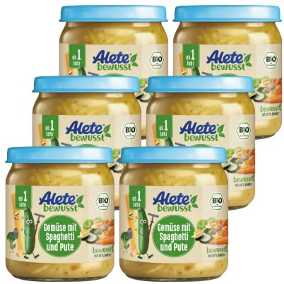 Alete bewusst BIO-Gemüse mit Spaghetti und Pute, ab 1 Jahr, Babynahrung im Gläschen mit Gemüse, Nudeln & Putenfleisch Kindermahlzeit in Bio-Qualität, ohne Zuckerzusatz und Aromastoffe, 6 x 250 g