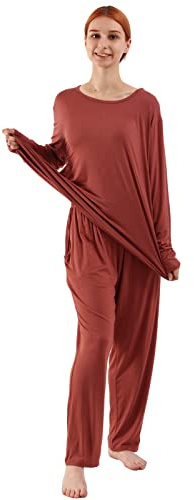 amropi Pigiama Donna Oversize Set da Pigiami Manica Lunga Maglietta e Pantaloni Camicia da Notte Borgogna,3XL