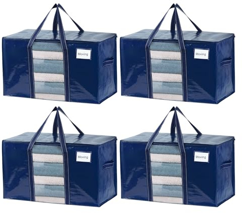 VENO Umzugstaschen, Umzugsbedarf, Umzugskartons, College-Verpackungs-Aufbewahrungsboxen mit Deckel, robuste Tragetaschen, extra groß, stabile Griffe, Reißverschluss (Blau mit Fenster, 4 Stück)