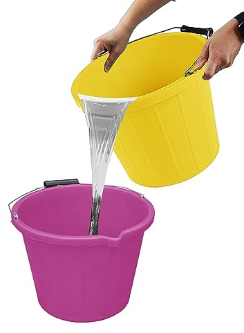 (Set of 2) 3 Gallon Builder Bucket 14L Litre Grip Handle Heavy Duty Plastic Large Spout Measuring Guide Multipurpose Water Bucket for Cleaning, Bath, Gardening, Fishing, Paint Storage (Pink+Yellow)