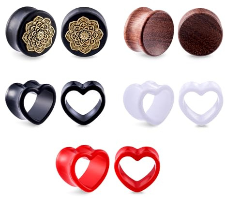 Longbeauty 5 Paare Ohr Flesh Gauges Tunnel aus Holz & Acryl Double Flared Herz Ohrpiercing Dehner 10mm bis 18mm für Frauen und Männer