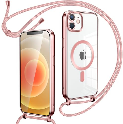 Oelrstfe Magnetische handyband mit Band für iPhone 12/iPhone 12 Pro Hülle-Necklace HandyHülle Transparente zum Umhängen mit justierbarer und Abnehmbarer Kette, Crossbody Magnet Clear Cover-Rose-Gold