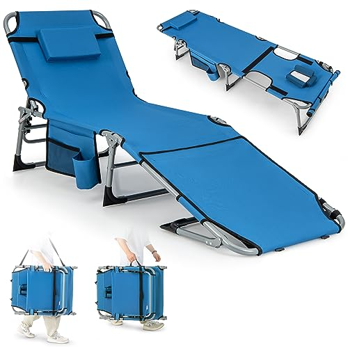 GIANTEX Klappbarer Bräunungsstuhl mit Gesichts- & Armlöchern, 5-Fach Verstellbarer Liegestuhl für den Außenbereich mit Kissen & Seitentasche, robuste Campingliege mit Schultergurt & Griff (Blau)
