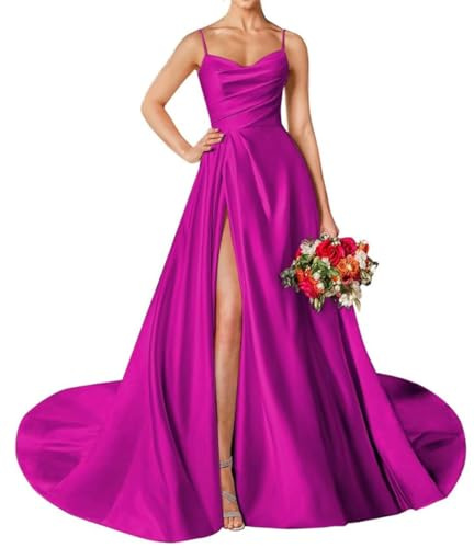 Vestidos de graduación para mujer, con tirantes delgados, vestidos de novia para mujer, vestido largo de satén con abertura alta, vestido formal de fiesta de noche con bolsillos, fucsia, 44