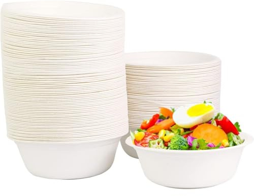 Generico 50 150 ciotole di carta in bagassa, 950 ml, piatti monouso di cartone per zuppa biodegradabili, per feste, matrimoni, picnic (150 pezzi)