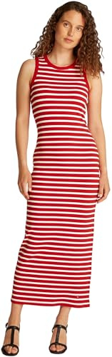 Tommy Hilfiger Mujer Vestido Midi Dress Slim Fit, Multicolor (Primary Red/Ecru STP), S