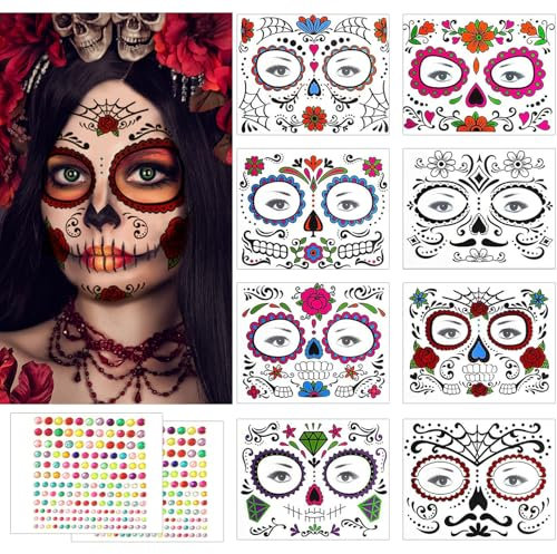 Temporäre Tattoos für Halloween: Totenkopf, Skelett & Dia de Los Muertos - 10 Stück Gesichtstattoo Make-up Aufkleber für Karneval & Party
