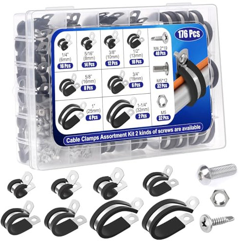 Jupwalz 176Pcs Cable Clamps Set with 72Pcs Screws, 8 Sizes Rubber Insulated Stainless Steel Cushioned Pipe & Loop Clamp for for Wire Cord Automotive Installation