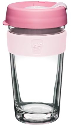 KeepCup Longplay - Reusable Coffee Cup, Tempered Glass Cup with a Removable Clear Tritan Plastic Sleeve and splashproof Sipper lid - 12oz/340ml - Roseate