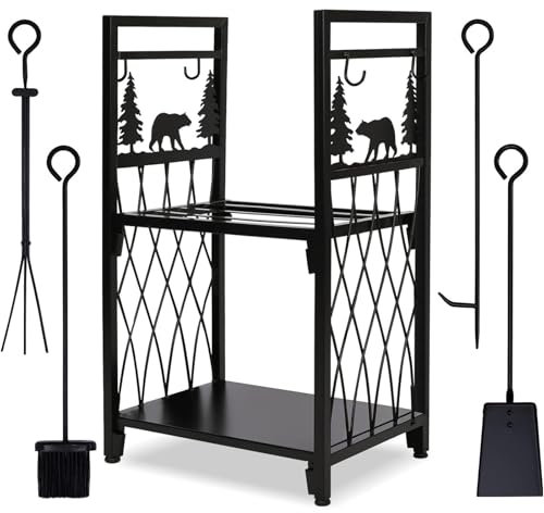 Estante for leña con 4 kits de herramientas for chimenea, juegos de herramientas for chimenea, estante for leña, accesorio de almacenamiento de madera for exteriores, resistente, for soportes de mader