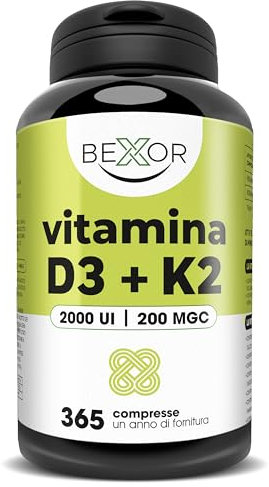 Vitamina D3 K2, 365 Compresse, vitamina D 2000 UI, vitamina K2 200 mcg, 1 anno di fornitura, Alto Dosaggio, Supporta Sistema Immunitario, Ossa, Denti, Articolazioni, Elevata Biodisponibilità