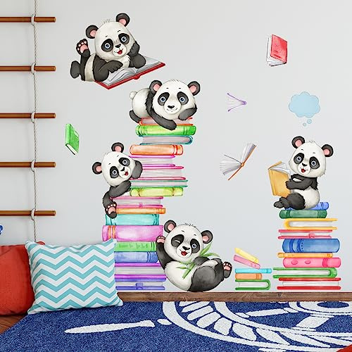 Book Panda Wall Sticker, Cute Panda Climbing on The Book Wall Decal, Removable DIY Vinyl Mural Art Wallpaper Décor for Reading Room Kids Bedroom Nursery Classroom