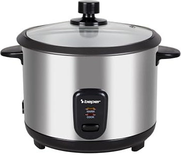 BEPER P101VAP001 Olla arrocera eléctrica con función de retención de calor, cesta de cocción al vapor, revestimiento antiadherente, tapa de cristal, apagado automático, acero inoxidable